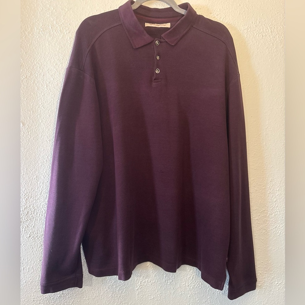Tommy Bahama Silk Cotton Blend Burgundy Long Sleeve Polo Shirt Mens Size XXL